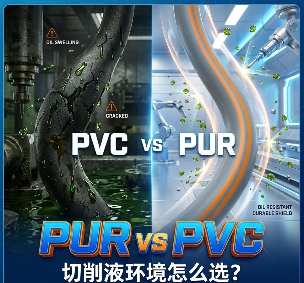 PUR vs PVC：机床切削液环境下，你的拖链电缆选对护套了吗？